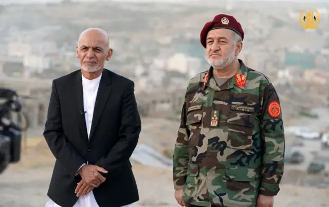 President Ashraf Ghani and acting defence minister Bismillah Khan Mohammadi visit military corps in Kabul, Afghanistan August 14,