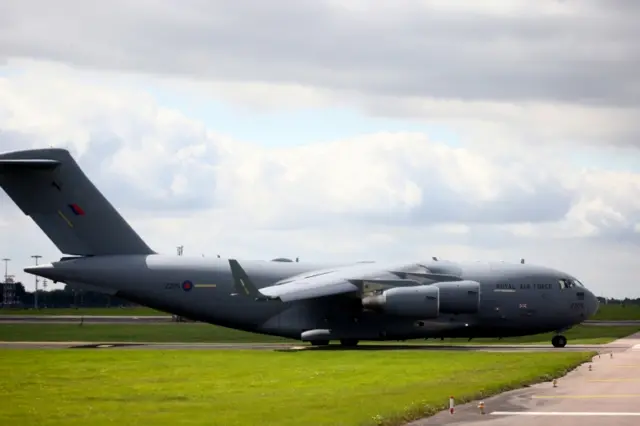 An RAF Boeing C-17 Globemaster III prepares to take off at RAF Brize Norton in Oxfordshire