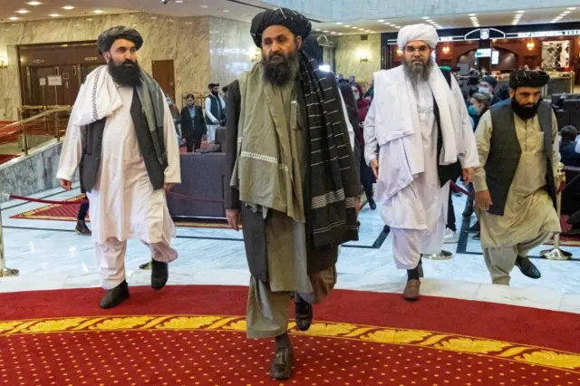 Baradar (C) with other Taliban officials in Moscow in March