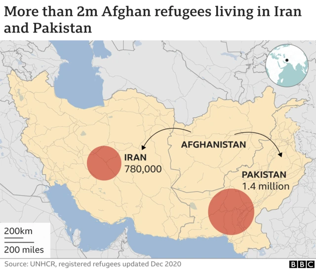 A map showing the number of Afghans in Pakistan and Iran