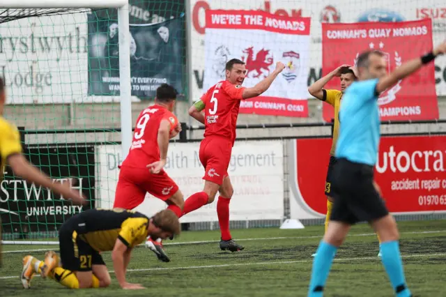 Connah's Quay Nomads captain George Horan celebrates scoring against Alashkert