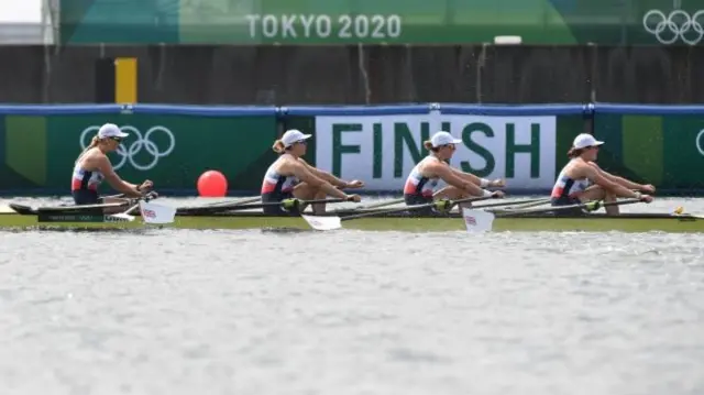 Team GB's Quadruple Sculls team with the sisters in the middle