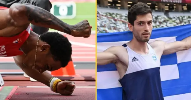 Juan Miguel Echevarria beats the ground as Miltiadis Tentoglou celebrates long-jump gold.