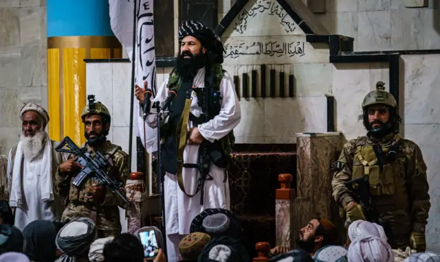 Khalil al-Rahman Haqqani, a leader of the Taliban affiliated Haqqani network, speaks at the Pul-I-Khishti Mosque in Kabul, Afghanistan, Friday, Aug. 20, 2021.