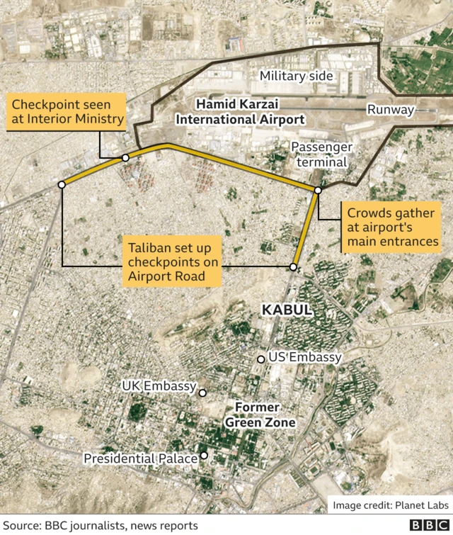 Map of Kabul and checkpoints