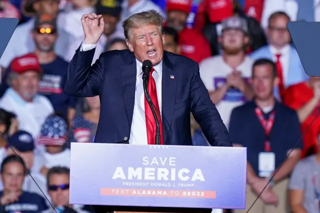 Former US President Donald Trump speaks during a rally in Cullman, Alabama