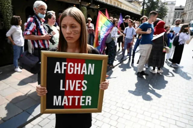 A protester in Krakow on Sunday