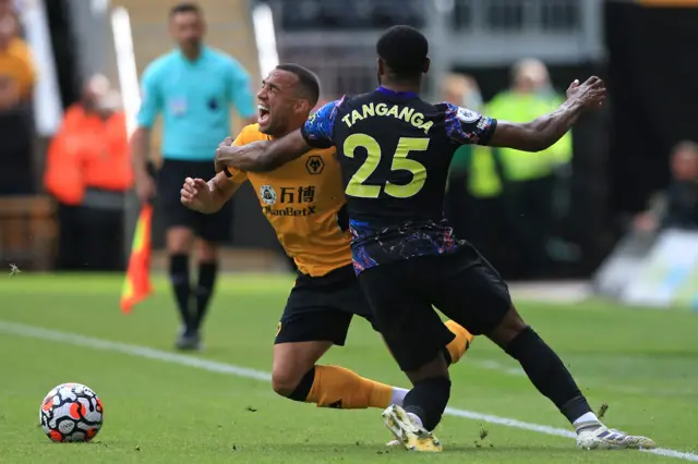 Japhet Tanganga fouls Fernando Marcal