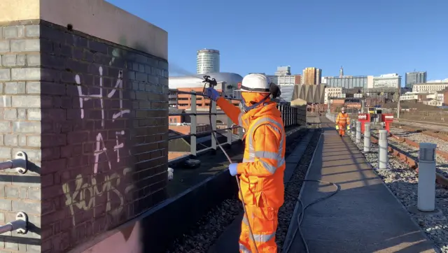 Graffiti is removed near Birmingham Moor Street Station