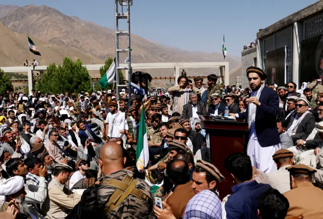 Ahmad Massoud, leader of the anti-Taliban forces, speaks to supporters in Panjshir province, Afghanistan