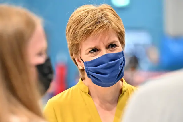 Scotland's First Minister Nicola Sturgeon visits a vaccination centre on August 9, 2021,