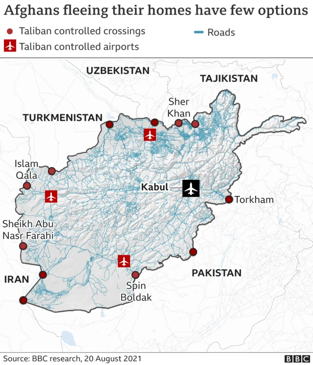 Map shows Afghanistan border crossings and airport