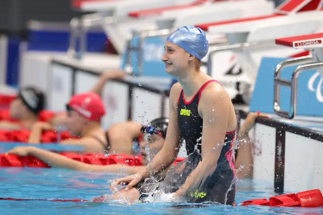 Valeriia Shabalina of Team Russian Federation celebrates winning the Women's 100m Butterfly