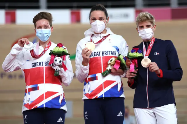 Silver medalist Crystal Lane-Wright, gold medallist Sara Dame Storey of Team Great Britain and bronze medalist Marie Patoulliet of Team France