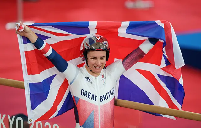 Sarah Storey celebrates after winning the gold medal in the Track Cycling Womens C5 3000m Individual Pursuit