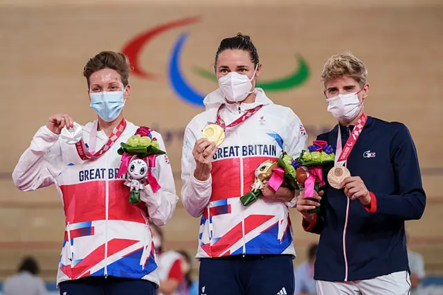 Gold Medallist Sarah Storey GBR, Silver Medallist Crystal Lane-Wright GBR, Bronze Medallist Marie Patouillet during the Medal Ceremony for the Track Cycling Women's C5 3000m Individual Pursuit