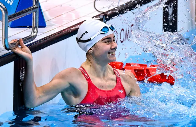 Anastasiia Gontar of Russia Paralympic Committee celebrates after winning the Women's S10 50 metre freestyle