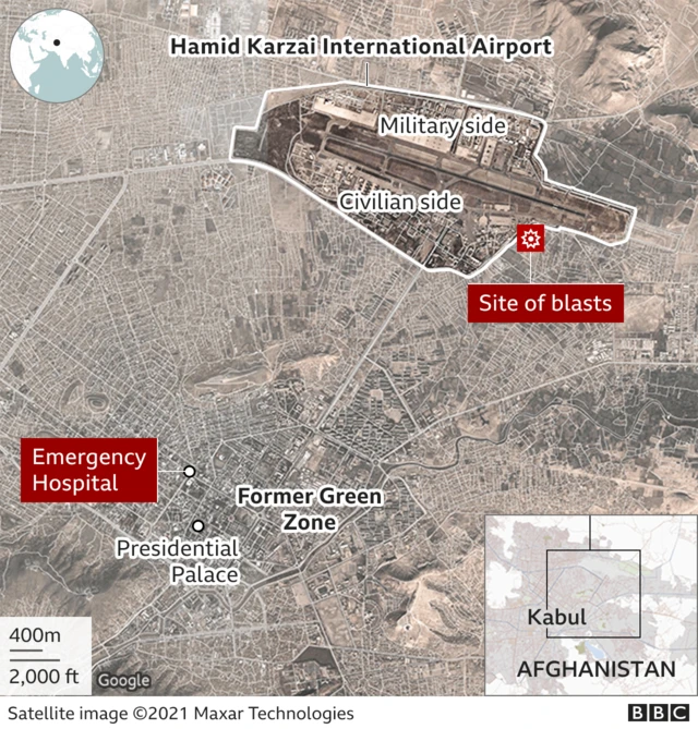 Map showing site of the blasts and the Emergency Hospital