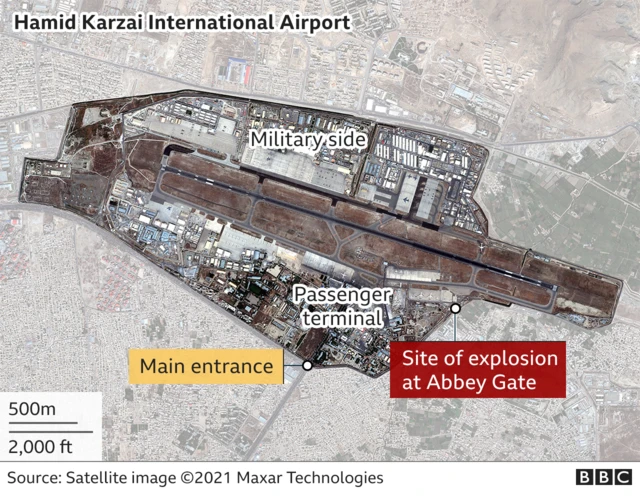 Map shows the location of an explosion at Kabul airport