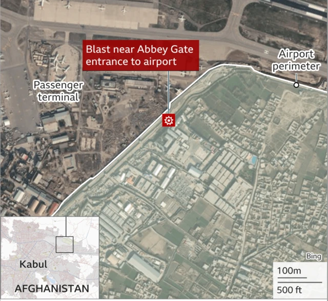 Map shows location of bomb blast at gate of Kabul airport