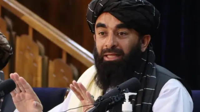 Zabihullah Mujahid during a press conference in Kabul, Afghanistan