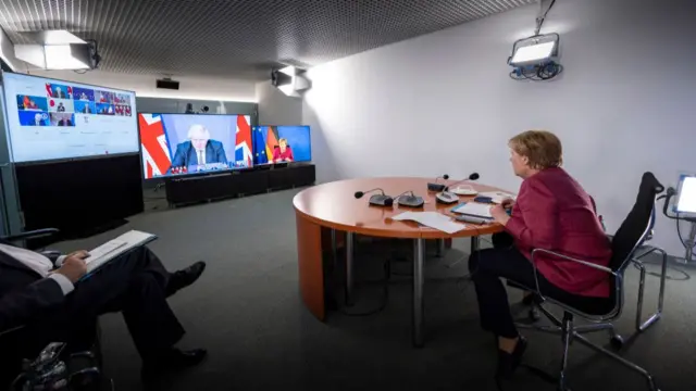 Angela Merkel attends a virtual G7 meeting, hosted by Boris Johnson