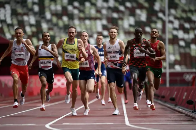 Poland's Michal Rozmys, Belgium's Ismael Debjani, Australia's Oliver Hoare, USA's Cole Hocker, Britain's Josh Kerr and Kenya's Timothy Cheruiyot