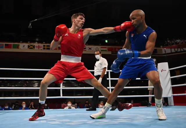 Pat McCormack in action against Roniel Iglesias of Cuba in the welterweight final