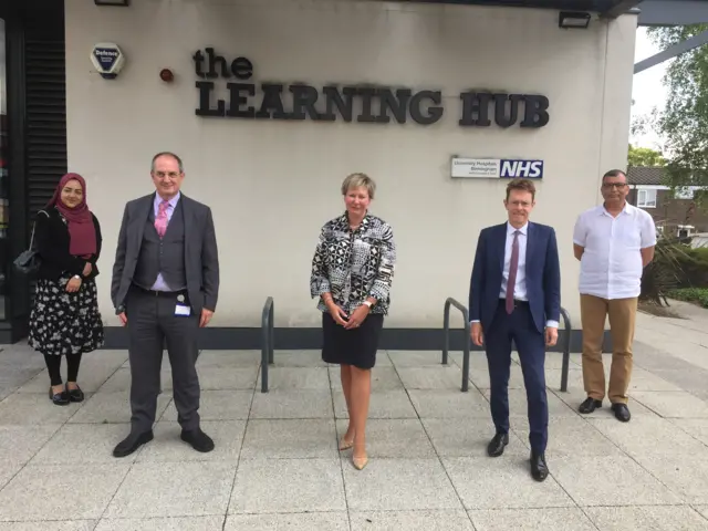 L-R Khadijah Choudhury, graduate trainee at University Hospitals Birmingham NHS Foundation Trust, Prof David Rosser, CEO of the Trust, Prof Lisa Bayliss-Pratt, Pro-Vice-Chancellor Coventry University Faculty of Health and Life Sciences, Andy Street, the Mayor of the West Midlands, and Trust imaging department assistant Mohammed Tayyab Mahfooz