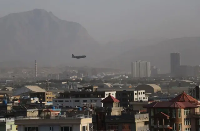 A US plane is seen getting off as evacuation continues a day after explosion hits crowds outside the Kabul airport in Kabul, Afghanistan on August 27, 2021