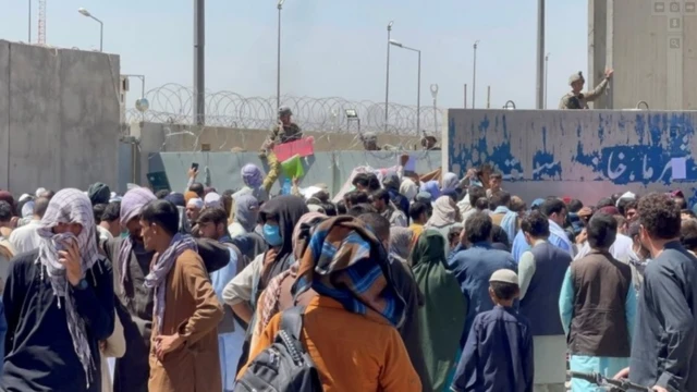 Crowds of people outside Kabul airport, Afghanistan