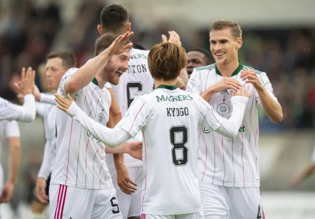 Kyogo Furuhashi celebrates his first Celtic goal