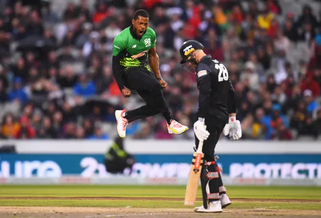 Chris Jordan celebrates the wicket of Phil Salt