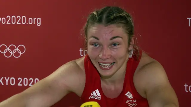 Lauren Price reacts to her win in the women's middleweight semi-final