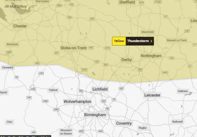 Yellow weather warning affecting Staffordshire