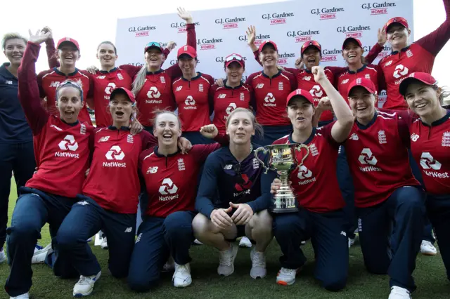 England women celebrate beating New Zealand in their T20 series away from home in March 2021