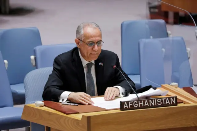 Afghanistan's UN ambassador Ghulam Isaczai addresses the United Nations Security Council regarding the situation in Afghanistan at the United Nations in New York