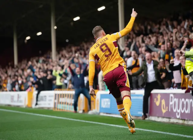 Kevin van Veen reels away in celebration in front of the Fir Park faithful