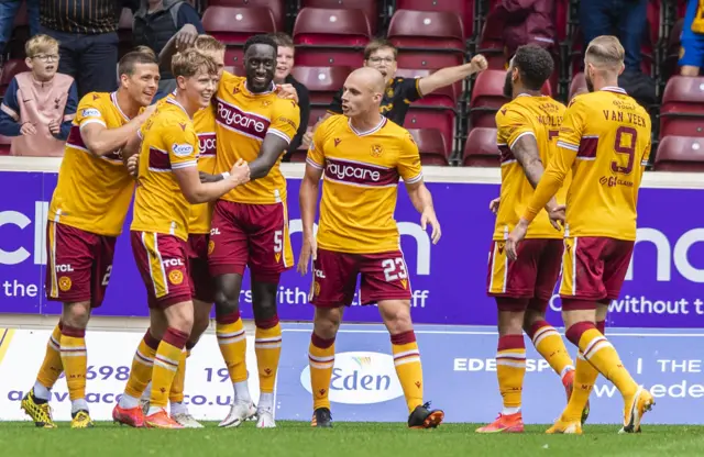 Motherwell celebrate Juhani Ojala's debut goal in the second half