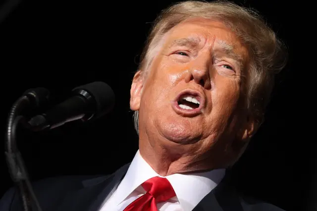 Former US President Donald Trump addresses supporters during a "Save America" rally at York Family Farms on August 21, 2021 in Cullman, Alabama.