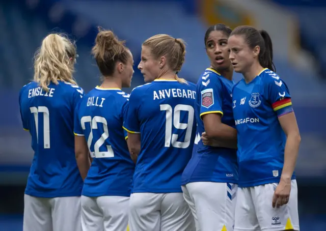 Everton players form a wall against Manchester City in the WSL season opener