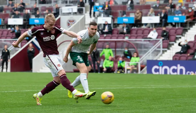 Gary Mackay-Steven has a shot for Hearts against Hibernian