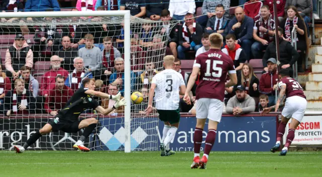 Hibs goalkeeper Matt Macey denies Hearts' Josh Ginnelly