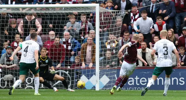 Hearts' Gary Mackay-Steven has a strike at goal saved by Hibernian goalkeeper Matt Macey