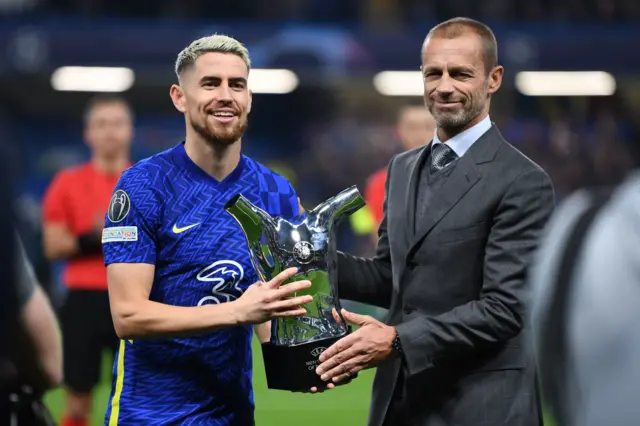 Jorginho collects his UEFA player of the year trophy