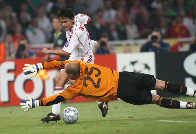 Filippo Inzaghi scores for AC Milan against Liverpool