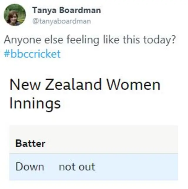 Twitter user Tanya Boardman screenshots scorecard which reads 'Down not out' and says "Anyone else feeling like this today?'