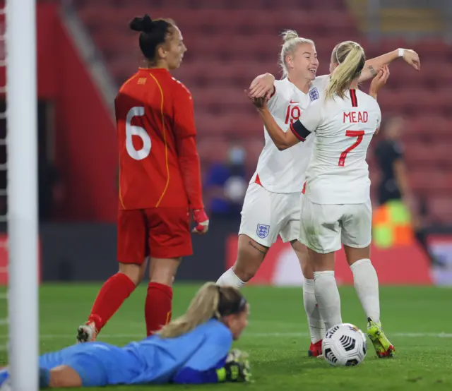 Beth England celebrates goal for England