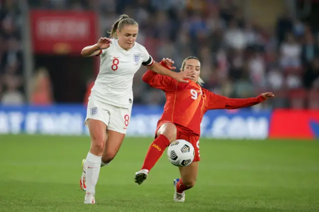 Georgia Stanway in action for England against North Macedonia