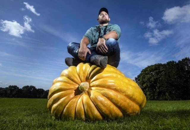 Richard Mann sitting on his giant pumpkin from 2019